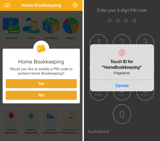 Home Bookkeeping via PIN code, Touch ID, and Face ID