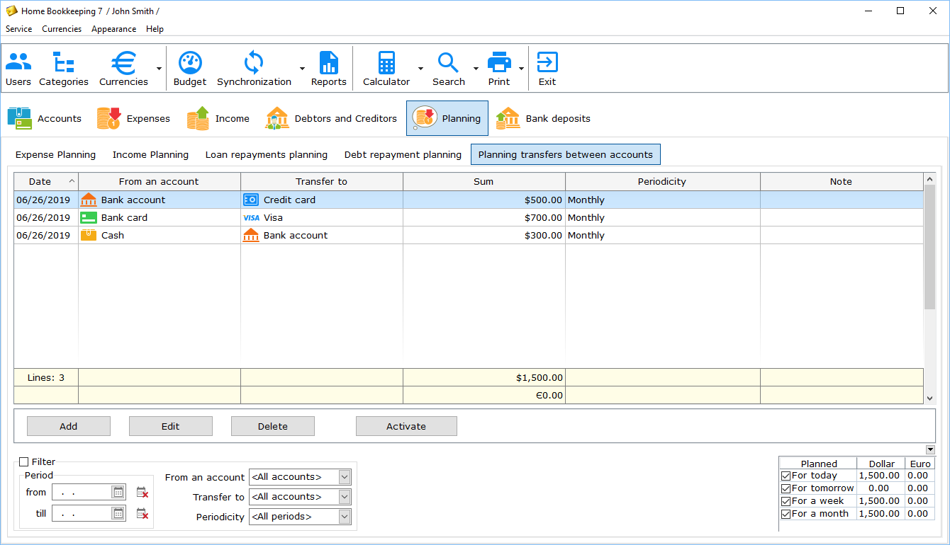 Home Bookkeeping. Planning transfers between accounts.