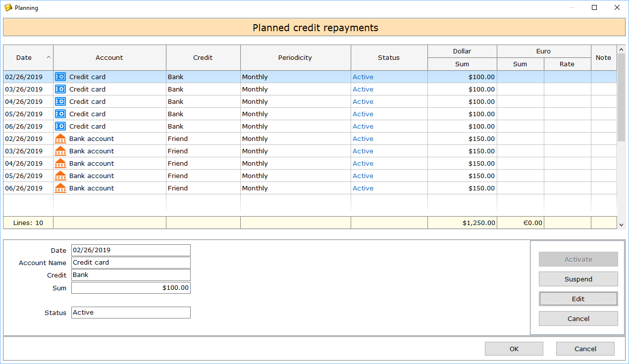 Home Bookkeeping. Loan repayments planning.